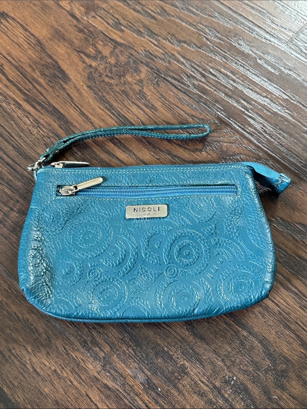 NICOLI Teal Blue Wristlet Clutch with Embossed Circles